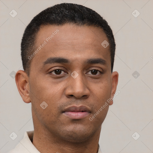 Neutral latino young-adult male with short  black hair and brown eyes