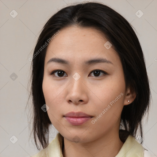 Neutral asian young-adult female with medium  brown hair and brown eyes