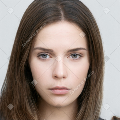 Neutral white young-adult female with long  brown hair and brown eyes