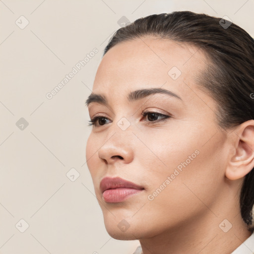 Neutral white young-adult female with short  brown hair and brown eyes