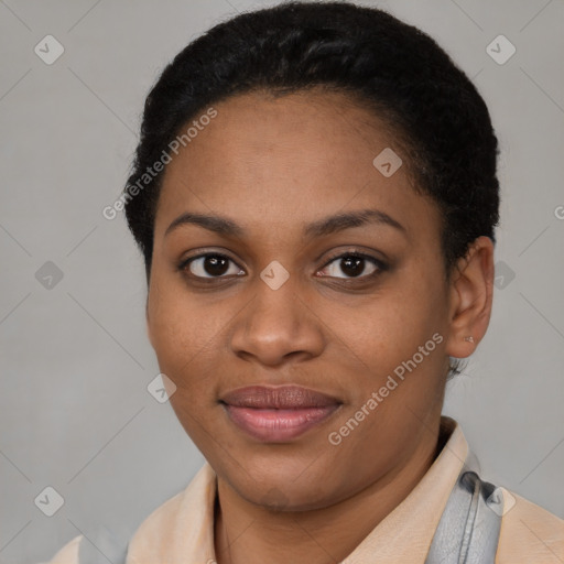 Joyful latino young-adult female with short  brown hair and brown eyes