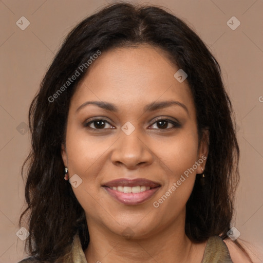 Joyful black young-adult female with medium  brown hair and brown eyes