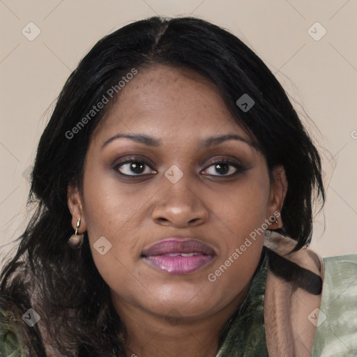 Joyful asian young-adult female with medium  black hair and brown eyes