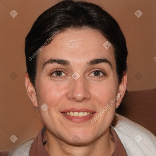 Joyful white adult female with medium  brown hair and brown eyes