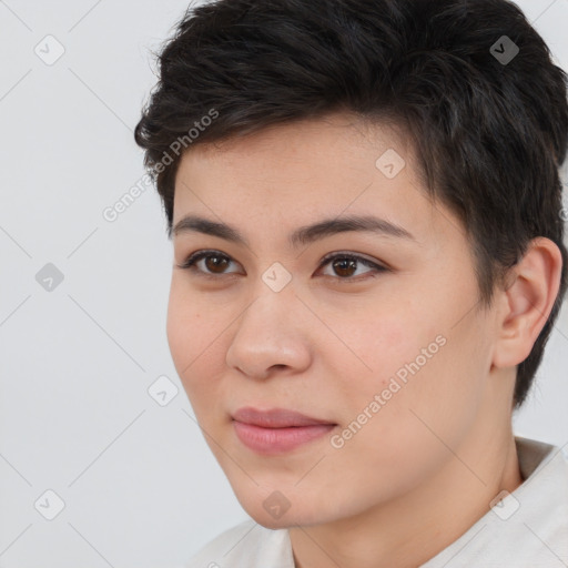 Joyful white young-adult female with short  brown hair and brown eyes