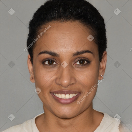 Joyful latino young-adult female with short  black hair and brown eyes