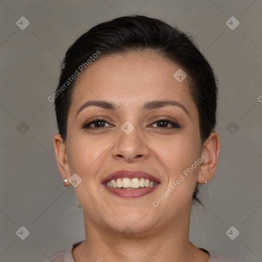 Joyful white young-adult female with short  brown hair and brown eyes