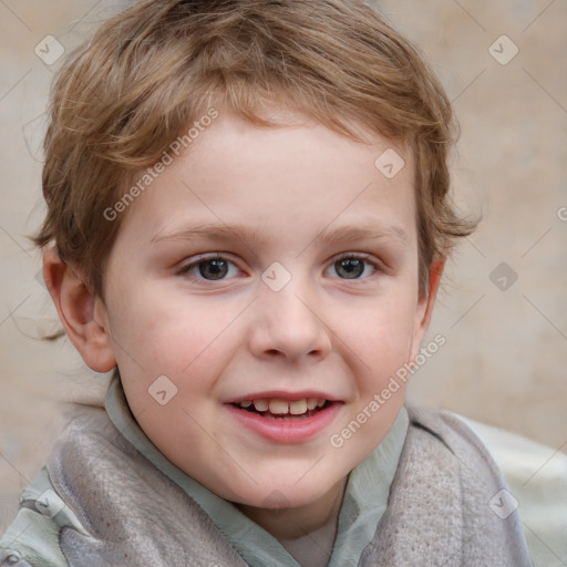 Joyful white child female with medium  brown hair and blue eyes