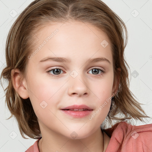 Neutral white child female with medium  brown hair and blue eyes