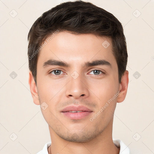 Neutral white young-adult male with short  brown hair and brown eyes