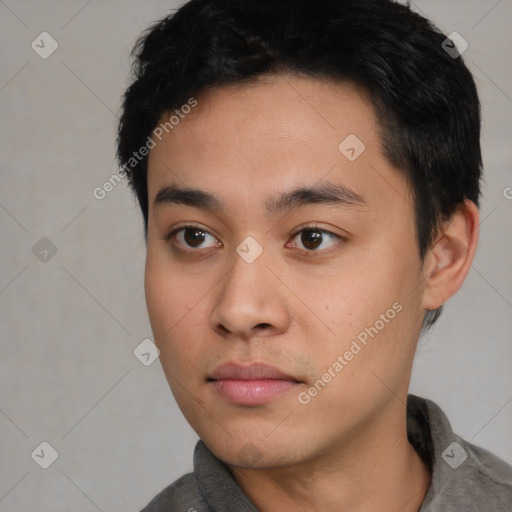 Neutral asian young-adult male with short  black hair and brown eyes