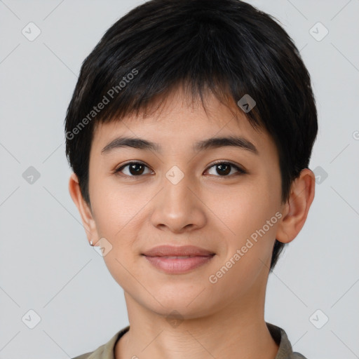 Joyful asian young-adult female with short  black hair and brown eyes