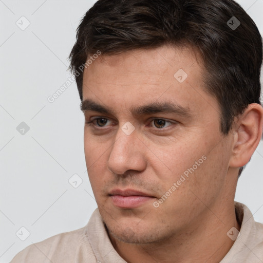 Neutral white young-adult male with short  brown hair and brown eyes