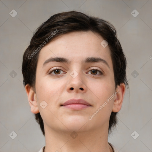 Neutral white young-adult female with medium  brown hair and brown eyes