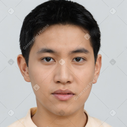 Neutral asian young-adult male with short  black hair and brown eyes