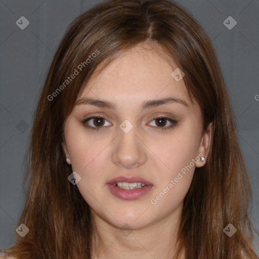 Neutral white young-adult female with long  brown hair and brown eyes