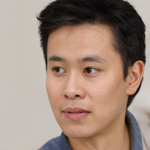 Neutral asian young-adult male with short  brown hair and brown eyes