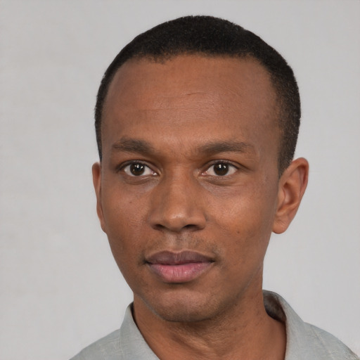 Neutral black young-adult male with short  black hair and brown eyes