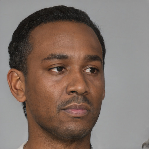 Neutral black young-adult male with short  brown hair and brown eyes