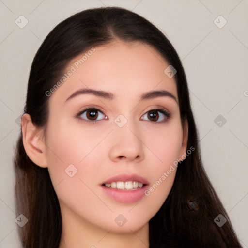 Neutral white young-adult female with long  brown hair and brown eyes