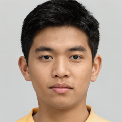 Neutral asian young-adult male with short  black hair and brown eyes