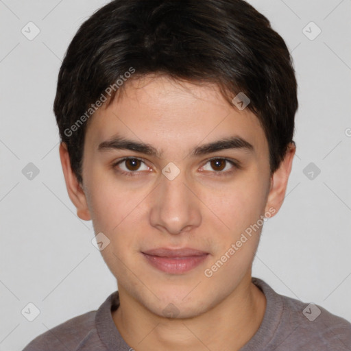 Neutral white young-adult male with short  brown hair and brown eyes