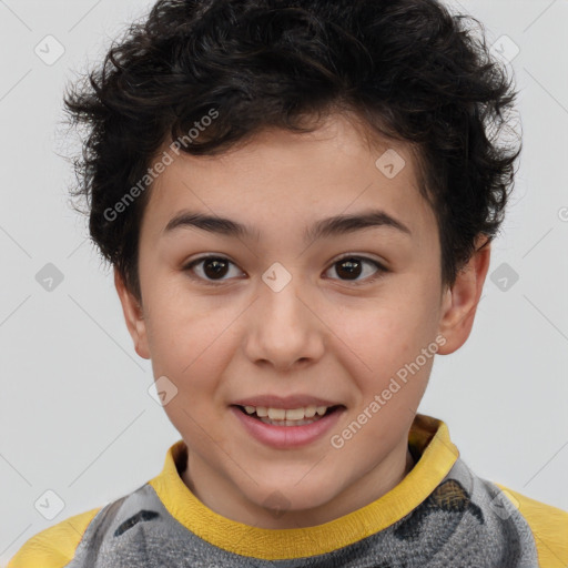 Joyful white child female with short  brown hair and brown eyes