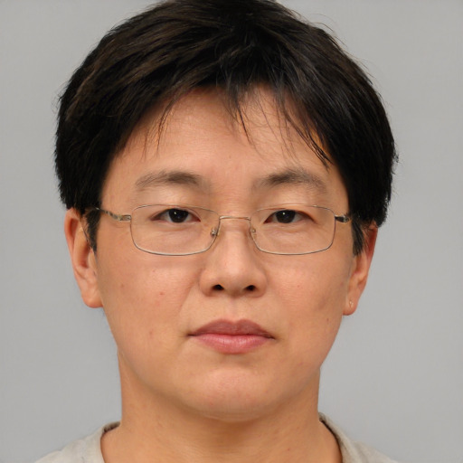 Neutral asian adult female with short  brown hair and brown eyes