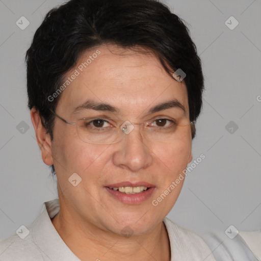 Joyful white adult female with short  brown hair and brown eyes