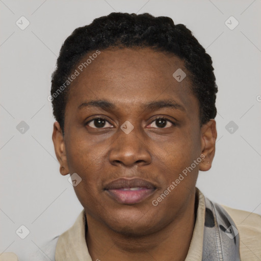 Neutral black adult male with short  black hair and brown eyes