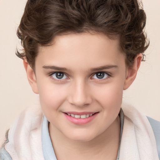 Joyful white child female with medium  brown hair and brown eyes