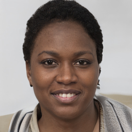 Joyful black young-adult female with short  black hair and brown eyes