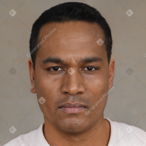 Neutral black young-adult male with short  black hair and brown eyes