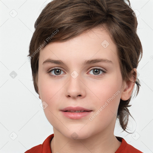 Neutral white young-adult female with medium  brown hair and grey eyes