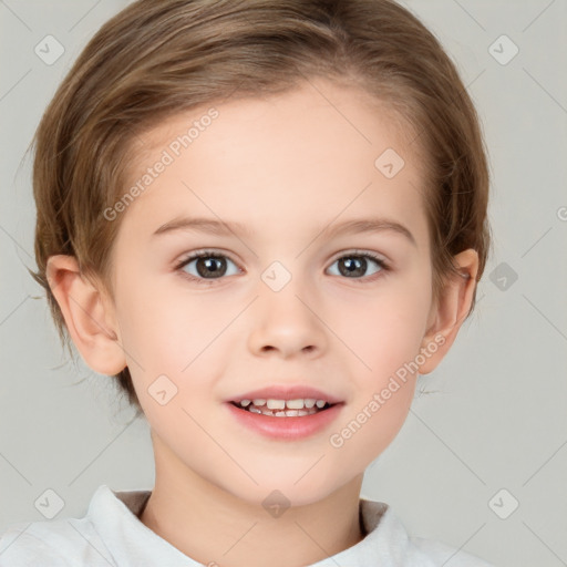 Joyful white child female with medium  brown hair and brown eyes