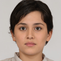 Neutral white young-adult female with short  brown hair and brown eyes