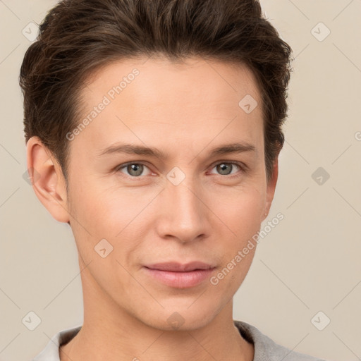 Neutral white young-adult male with short  brown hair and brown eyes