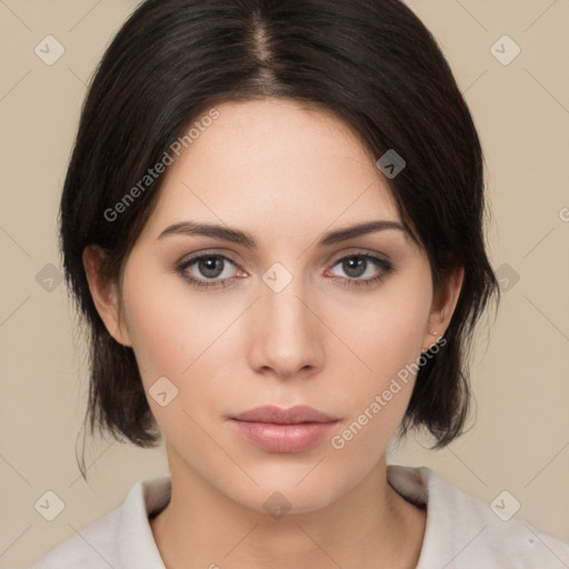 Neutral white young-adult female with medium  brown hair and brown eyes