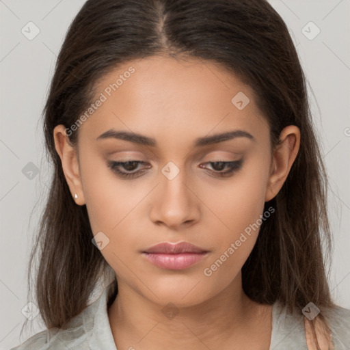 Neutral white young-adult female with long  brown hair and brown eyes