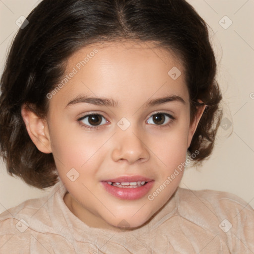 Joyful white child female with medium  brown hair and brown eyes