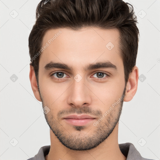 Neutral white young-adult male with short  brown hair and brown eyes