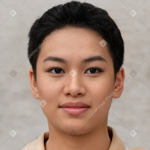 Joyful asian young-adult female with short  brown hair and brown eyes