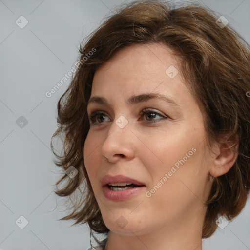 Neutral white young-adult female with medium  brown hair and brown eyes