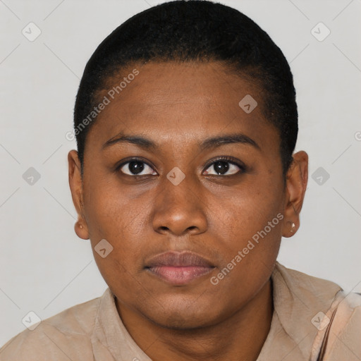 Neutral black young-adult female with short  brown hair and brown eyes