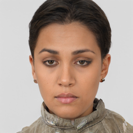 Neutral latino young-adult female with short  brown hair and brown eyes