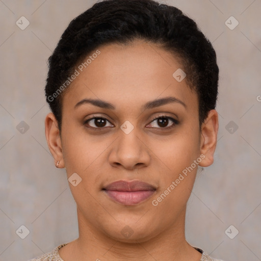 Joyful latino young-adult female with short  brown hair and brown eyes