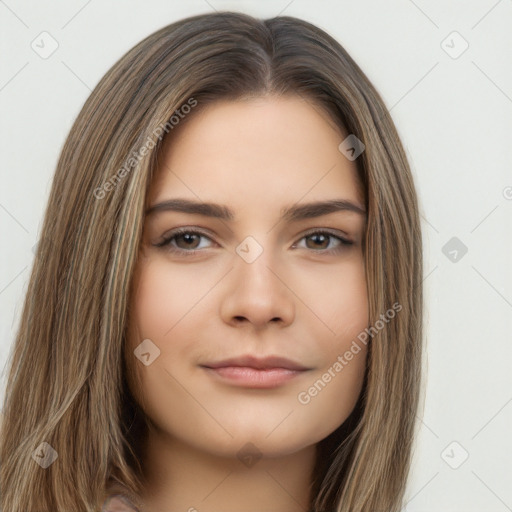 Neutral white young-adult female with long  brown hair and brown eyes