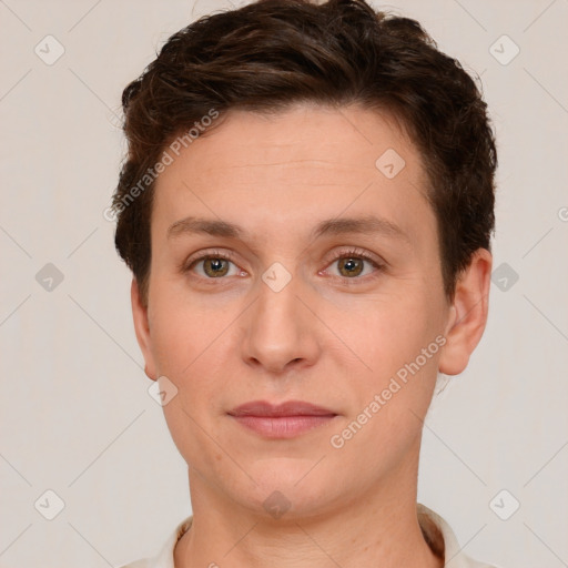 Joyful white young-adult female with short  brown hair and brown eyes