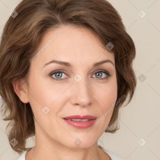 Joyful white young-adult female with medium  brown hair and green eyes