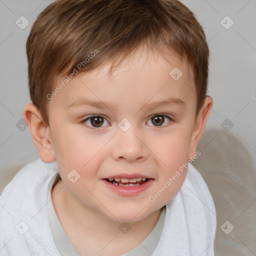 Joyful white child male with short  brown hair and brown eyes